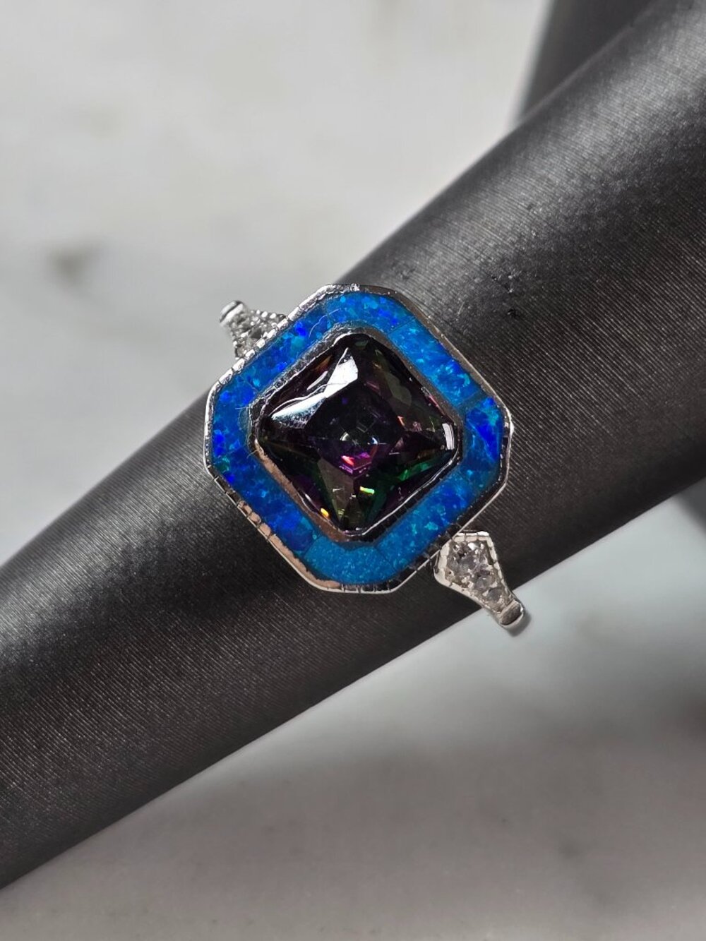Womens Sterling Silver Modernist Blue Opal Mystic Topaz Ring 3.9g E877